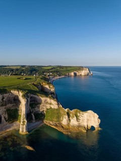 Aerial view of the Falaise d'Amont rock formation with the Porte d'Amont rock gate, Porte d'Aval