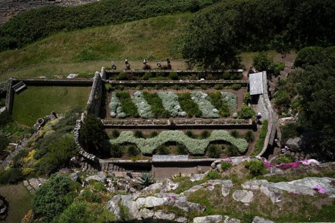 View from above of former greenhouse, subtropical garden, St Michael's Mount, Cornwall, England,