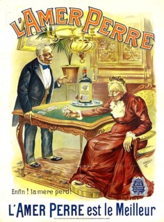 Advertising poster, beverage advertisement, poster promotes a French spirit called L'Amer Perre,