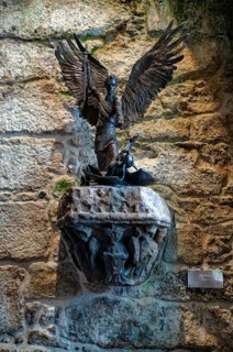Interior view, bronze sculpture of Saint Michael with the Devil, by Lyn Constable Maxwell, chapel,