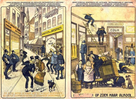 Advertising poster, beverage advertising, caricature addresses the Belgian Vanderveld Act of 1919,