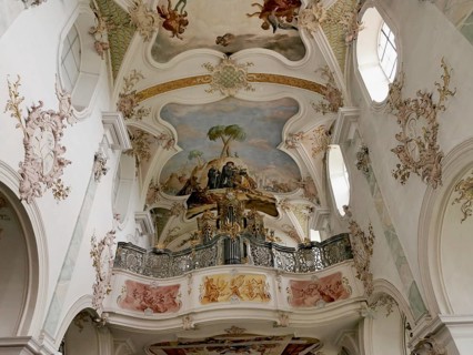 Ceiling fresco and organ of the monastery church in Mönchsdeggingen Abbey, former monastery of the