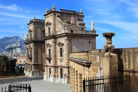 Sicily, in the old town of Palermo, the historic Porta Felice port gate, Italy