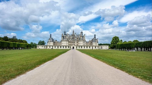 Southeast view, panorama of the monumental Renaissance Château de Chambord castle with its