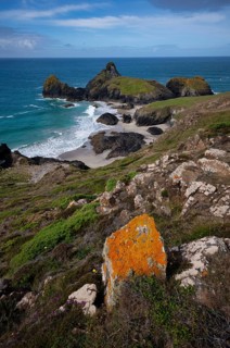 Rocks with lichens against coastal landscape, coast, rock formations, rocks, sandy beach, beach,