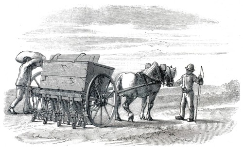 A horse-drawn drill, probably a Hornsby machine from 1859, authentic, high-resolution reproduction