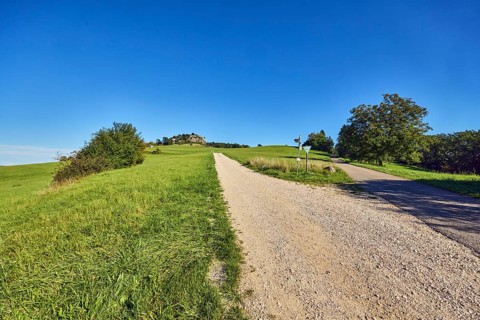 Hohentwiel mountain, fortress ruins of Hohentwiel, footpath made of cinder stones, narrow road made