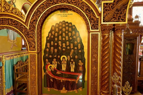 Agiou Sarvas monastery, Agion Pandon church, religious image with icons in an ornate golden frame,