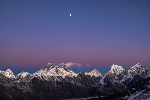 View from Renjo La Pass, 5360 m, of the Himalayas with Mount Everest, Lhotse and Makalu in the