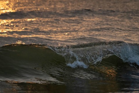 Detail, splashing seawater, breaking wave in evening light, Houvig Beach, North Sea, Denmark