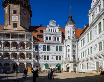 Residenzschloss, Altan and Sgrafitti in the large castle courtyard, Dresden, Saxony, Germany