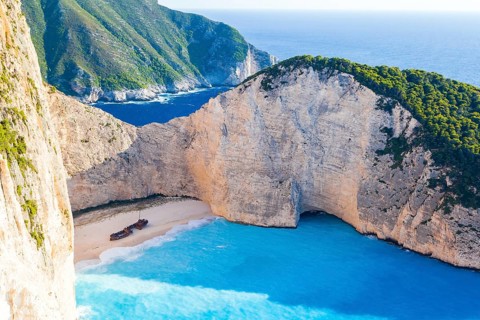 Zakynthos island, coast, white limestone cliffs, Ionian Sea, summer bay, beach, shipwreck, Navagio