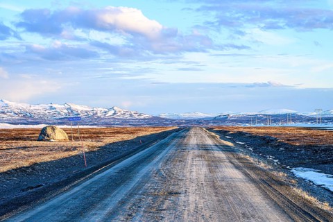 Storsjö Kapell, Jämtlands län, Sweden, Dirt road Flatrüt leads through a vast landscape with