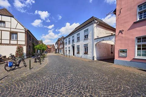 Old town, historic city center, half-timbered house, historic buildings, street, barrier bollard,