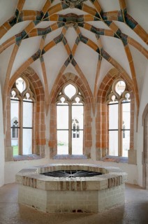 Interior view, mesh vault with keystones depicting God, John the Baptist and Jesus Christ, fountain