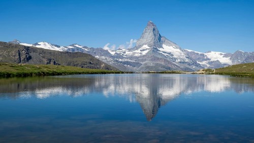 View of the majestic Matterhorn reflected in Stellisee, Zermatt, Valais, Switzerland