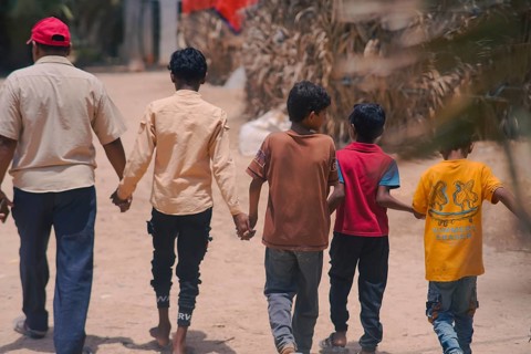 Yemeni children living in a refugee camp under difficult humanitarian conditions. Yemen, April 12,