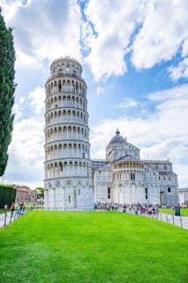 Piazza dei Miracoli with leaning tower, Pisa on a sunny day, Tuscany, UNESCO World Heritage, Italy,