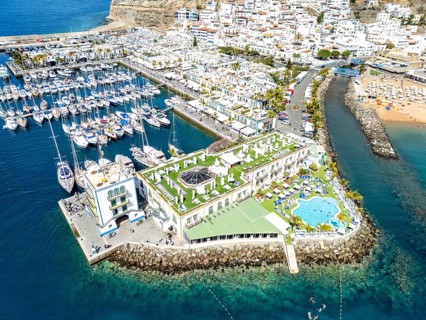 Gran Canaria aerial view from above Puerto de Mogan seaside vacation Port trip in Puerto de Mogán,