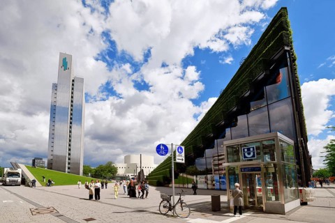 Düsseldorf, Germany - June 9th 2026: Joachim-Erwin-Platz town square with arrow side view of