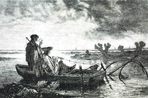Fishermen on the Tisza, 1859. Two traditionally dressed fishermen in a simple wooden boat on the