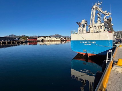 A large ship is lying in the still water of a harbor surrounded by mountains under a clear blue