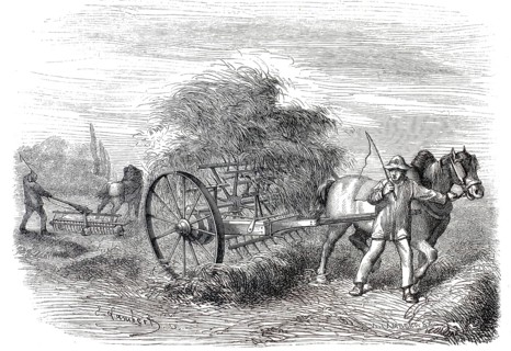 Hayturning machine, fork turner, from the 19th century harvesting haymaking in a field. In the
