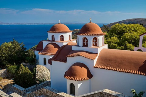 Agiou Sarvas monastery, two churches with domed roofs in a quiet landscape with sea views, Pothia,