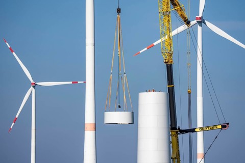Construction site of the new Bedburg 3 wind farm, on recultivated open-cast mining site, 9 wind
