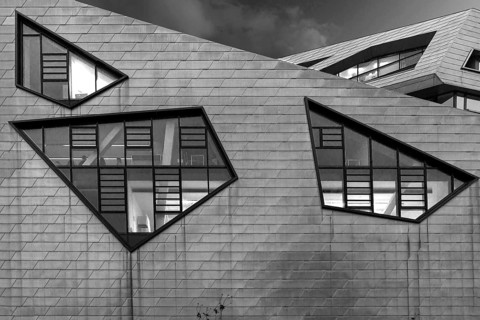 Detailed view of the modern university building by American architect Daniel Liebeskind, black and