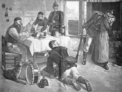 A memento of a military manoeuvre, bidding farewell to their quarters. Prussian soldiers