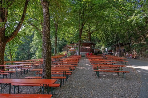 Empty beer tables and benches on a rock cellar, Senftenberg near Buttenheim, Upper Franconia,