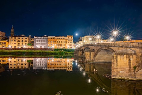 Promenade with arno river in front at blue hour, Florence, UNESCO World Heritage Site, Tuscany,