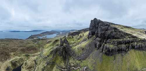Panorama aerial drone photo of the rocky landscape at the Old man of Storr on the Isle of Skye,
