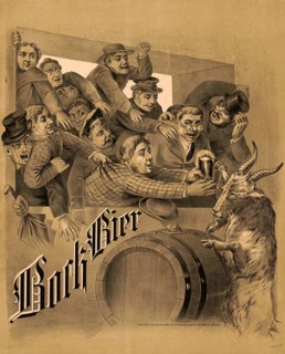 Advertising poster, beverage advertisement, advertising scene for bock beer in which a goat emerges