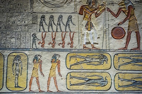 Colourful reliefs and wall paintings and hieroglyphs, tomb, Pharaoh Ramesses IX, Valley of the