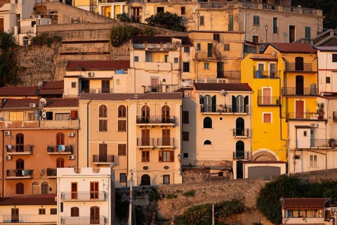 Houses, just after sunrise, Scilla, on the Strait of Messina, Calabria, Italy