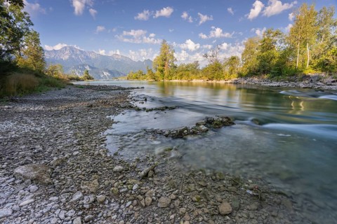 River, riverbed, trees, mountains, gravel, sunny, low tide, drought, August 2026, climate change,