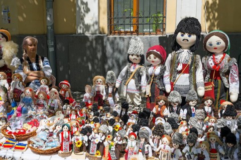 Handmade dolls in traditional clothes at a market stand, folklore festival, Chisinau, Chisinau,