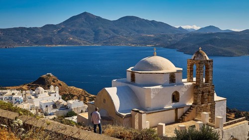Church of Panagia of Thalassitra, Panagia Thalassitra, person in front of a church with sea view