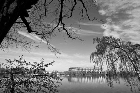 General view of the former incomplete Congress Hall of the NSDAP 1933-1945, in front the bun pond