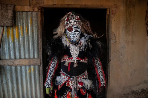 Zimba performer in Gambia. Zimba is a masquerade, a dance originally performed by Wolof tribesmen.
