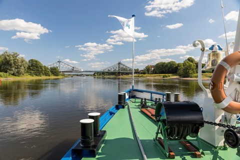 On the Elbe in Dresden, here at the Blue Wonder, Dresden, Saxony, Germany, with the historic paddle