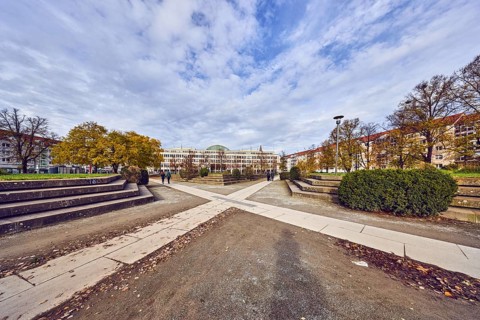Wilhelmgalerie commercial building, Platz der Einheit park, general architecture, trees, paths,