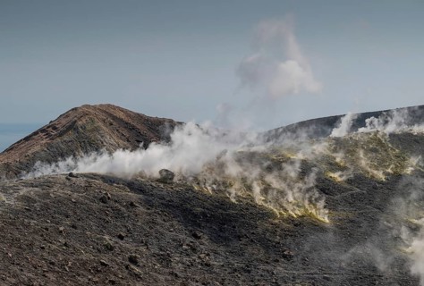 Crater rim, sulfur, sulfur vapors rise, Vulcano, Aeolian or Lipari Islands, Sicily, southern Italy,