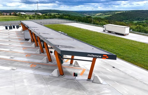 ELkW at Milence Charging Hub for eLkW at Hermsdorfer Kreuz, 03.06.2026. Milence is an operator of