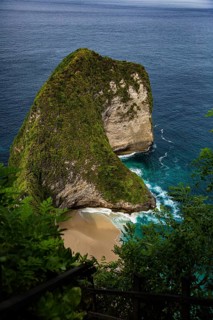 View of a cliff, surrounded by lush vegetation and the wild sea, on a sandy beach, a bird's-eye