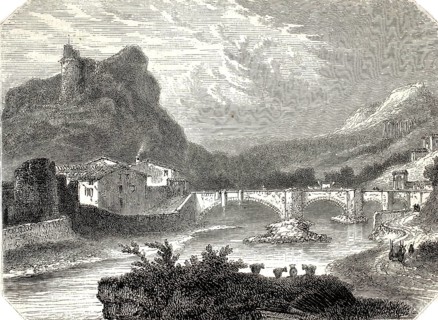 Espaly Castle, Chateau d'Espaly, on the rock on the left and a stone bridge over the Borne River,