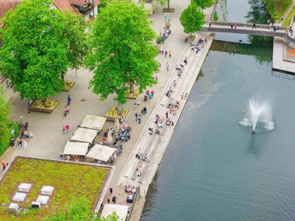 Aerial view of a waterfront with lots of people, trees and a water fountain, Nagold, Germany