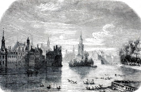Hofvijver in The Hague, Netherlands, c. 1860. On the left bank lies the Binnenhof complex, which